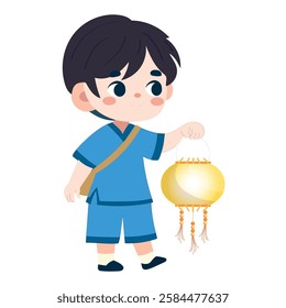 Cute Boy Holding Lantern - Festive Vector Illustration for Mid-Autumn Festival, Asian Culture, and Celebrations