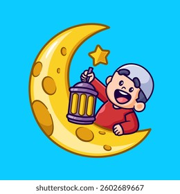 Cute Boy Holding Lantern On Moon Cartoon Vector Icon Illustration. People Religion Icon Concept Isolated Premium Vector. Flat Cartoon Style