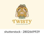 Cute boy holding a large fresh pretzel logo for a handcrafted bakery brand