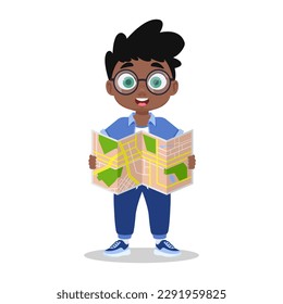 Cute boy holding a map. Vector illustration