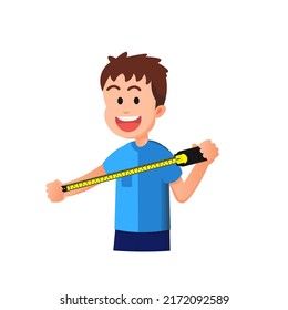 cute boy holding a measuring tape while stretching it