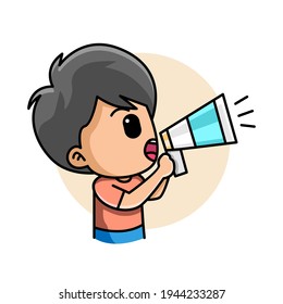 Cute boy holding a megaphone, loudspeaker, shouting, announcing something cartoon illustration