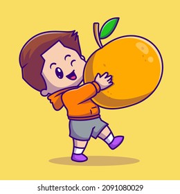 Cute Boy Holding Orange Cartoon Vector Icon Illustration. People Fruit Icon Concept Isolated Premium Vector. Flat Cartoon Style