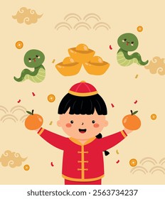 Cute Boy Holding Orange with Snake and Gold Chinese New Year Theme Background Illustration