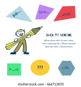 Cute boy is holding pencil and colored paper cards with letters and numbers .Background for banner Back to school in cartoon style.