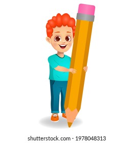 cute boy holding pencil vector