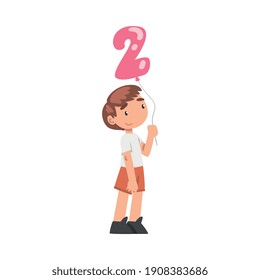 Un niño pequeño que sostiene un globo rosado en forma de vectores de estilo de dibujos animados de 2 números Ilustración