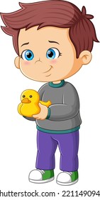 The cute boy is holding the plastic duck and playing with the duck of illustration