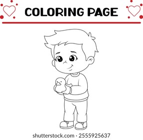 cute boy is holding plastic duck coloring page for kids