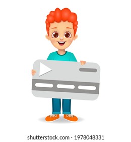 cute boy holding play card with play button vector