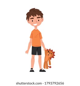 Cute Boy Holding Plush Lion, Adorable Kid Playing with Favorite Toy Cartoon Vector Illustration on White Background