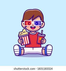 Cute Boy Holding Popcorn And Drink Cartoon Vector Icon Illustration. People Movie Icon Concept Isolated Premium Vector. Flat Cartoon Style