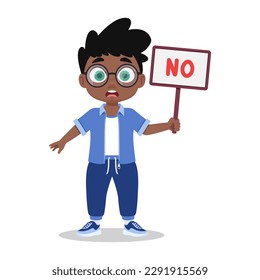 Un chico lindo con un cartel, un signo equivocado