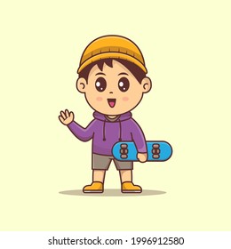Cute Boy Holding Skatebord Vektorgrafik kawaii Illustrator Junge halten Skateboard und Kopfbekleidung Cartoon Vektorgrafik
