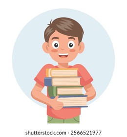 Cute boy holding a stack of books. Schoolboy with books. Flat style illustration