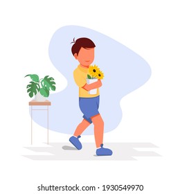 Cute boy holding sun flower on white background vector illustration