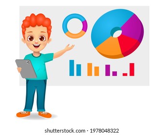 cute boy holding tablet and showing pie chart