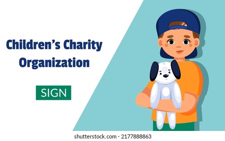 Cute boy holding toy in his hands. Charitable support of children concept. Charity society protecting, upbringing assistive aid orphans organization. Vector web banner.