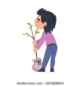 Cute Boy Holding Tree Seedling, Child Working in Garden or Taking Care about Planet, Environmental Protection Concept Cartoon Vector Illustration