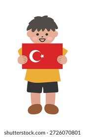 Cute Boy Holding Turkish Flag, Flat Cartoon Illustration