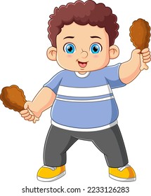 Cute boy holding two fried chicken of illustration