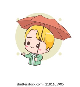 Cute boy holding umbrella. Chibi cartoon character. Vector flat design  illustration