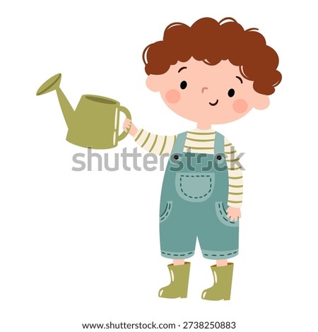 A cute boy holding a watering can. Flat vector illustration in a simple children's style. 