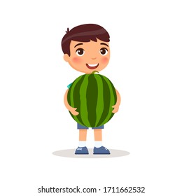 Cute boy holding watermelon flat vector illustration. Little caucasian child and big water melon. Happy preteen kid standing with huge summer fruit cartoon character isolated on white background