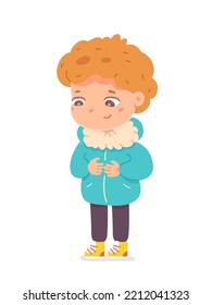 Cute boy holding zipper on warm winter jacket to fasten vector illustration. Cartoon isolated child in outerwear standing, little shy kid in green coat walking in cold winter or autumn season