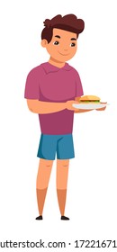 Cute boy holds plate with hamburger isolated person. Smiling kid with burger, enjoying tasting of fast food. Unhealthy eating habits. Childhood nutrition concept. Vector character illustration