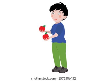 Cute Boy holds two apples in his hand. Cartoon Kid isolated on white background