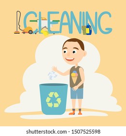 Cute boy in home clothes and socks throws paper trash into a special container. Secondary use and recycling. Zero waste. Green life. Boy doing housework. Flat cartoon vector