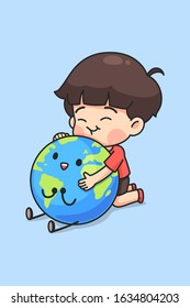 Cute boy hug the earth, kawaii cartoon for earth day concept, chibi character in minimal style, vector illustration 