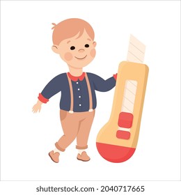 Cute Boy with Huge Cutter Knife as School Stationery Vector Illustration