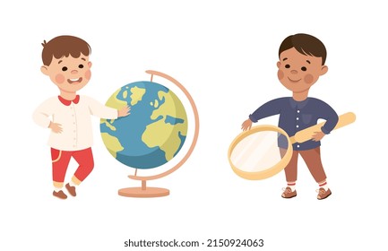 Cute Boy with Huge Globe and Magnifying Glass as School Stationery Vector Illustration Set