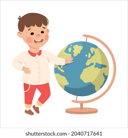 Niño lindo con enorme globo como ilustración de vectores de estacionamiento escolar