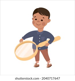 Cute Boy with Huge Magnifying Glass as School Stationery Vector Illustration