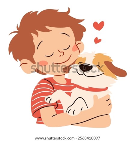 Cute boy hugging dog, children and pets. Flat vector illustration in simple child style on white background 