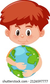 Cute boy hugging earth globe in cartoon style illustration