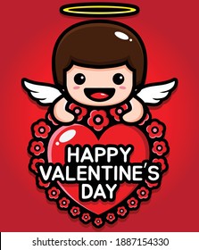 cute boy hugging a heart with happy valentine's day greetings