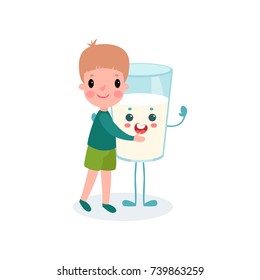 Cute boy hugging humanized glass of milk with smiling face, healthy food for kid cartoon vector illustration