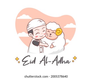 A cute boy hugging a sheep in eid al adha cartoon illustration