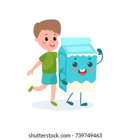 Cute boy and humanized cardboard milk box, healthy food for kid cartoon vector illustration