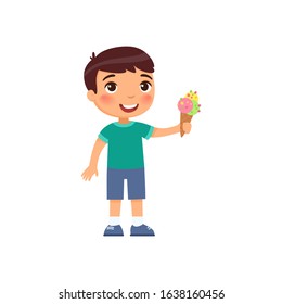 Cute boy with ice cream flat vector illustration. Happy child with sweet summer dessert cartoon character. Little kid holding refreshing gelato in waffle cone isolated on white background