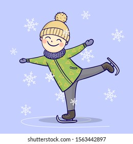 cute boy at ice skating. Christmas card.