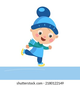Cute boy ice skating in winter. Character for design. Christmas sticker, postcard. Vector illustration.
