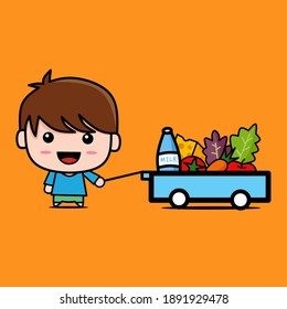 Cute boy icon character brought healthy food. Milk, cheese, fruits, and vegetables. Healthy lifestyle concept. Flat vector illustration