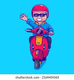 cute boy illustration riding scooter suitable for mascot sticker and t-shirt design