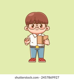 Cute boy Indonesian senior high school read book kawaii chibi character mascot illustration set