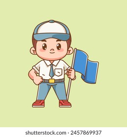Cute boy Indonesian senior high school hold flag kawaii chibi character mascot illustration  set
